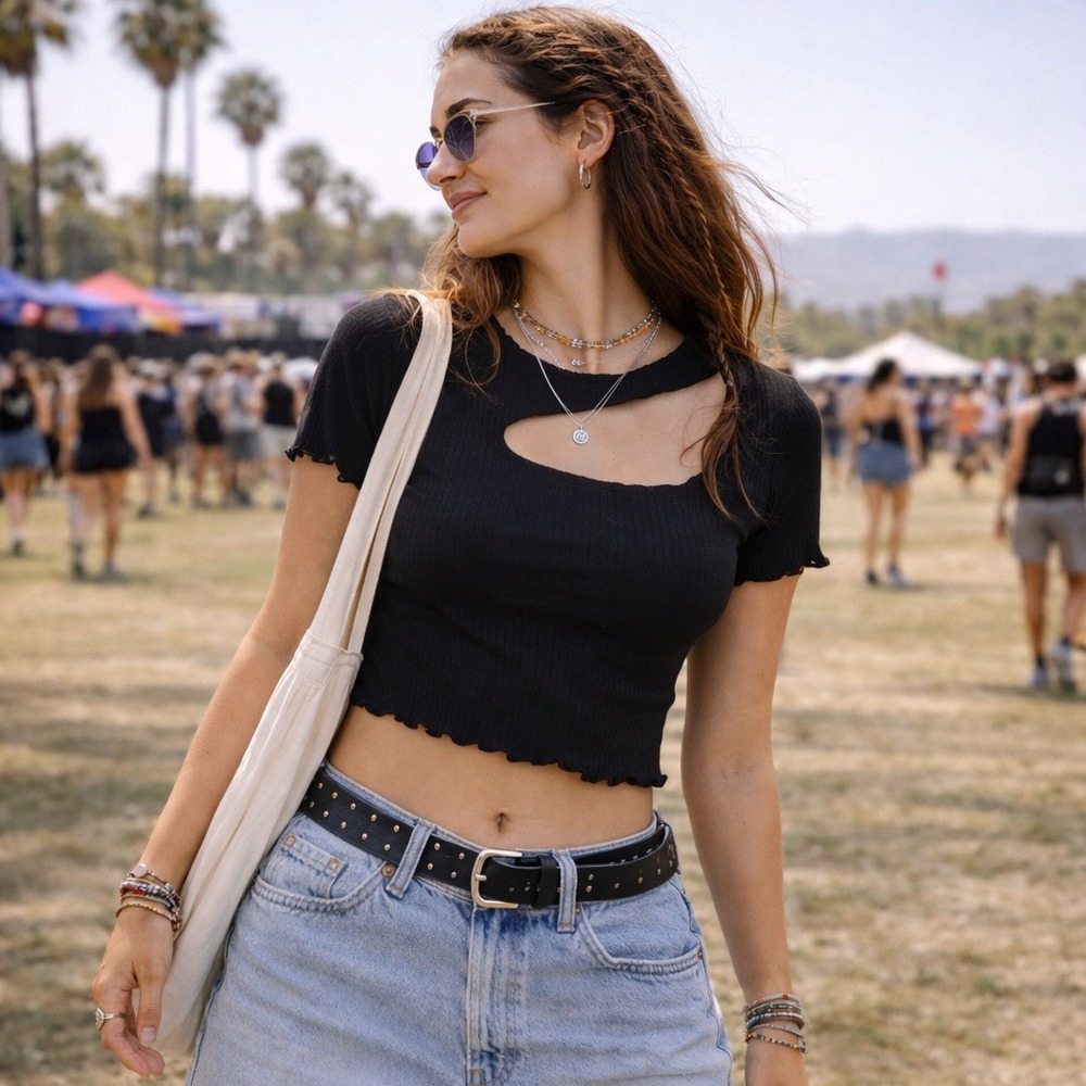 Image Nation T-Shirt Black Ribbed Cutout Cropped Y2K Small‎